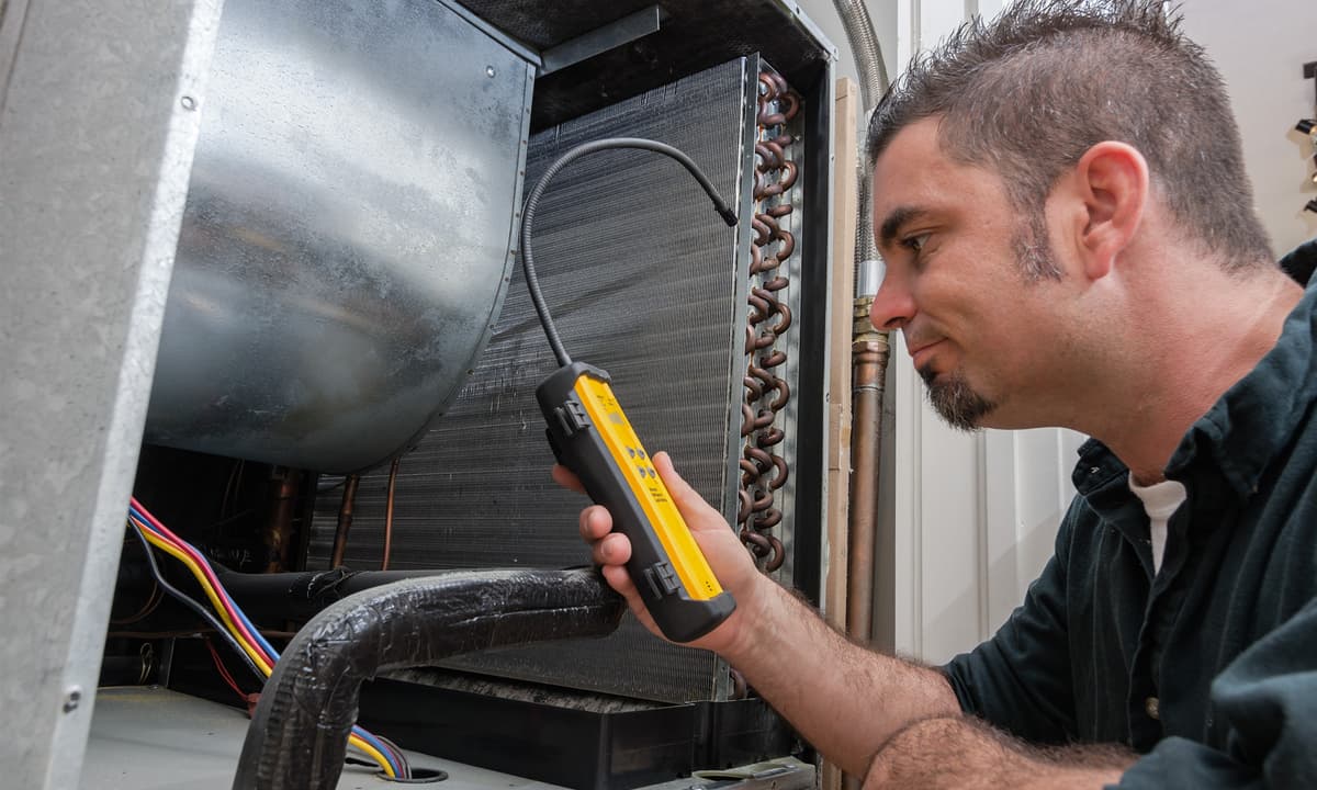 Technician checking Evaporator Coil for leaks.