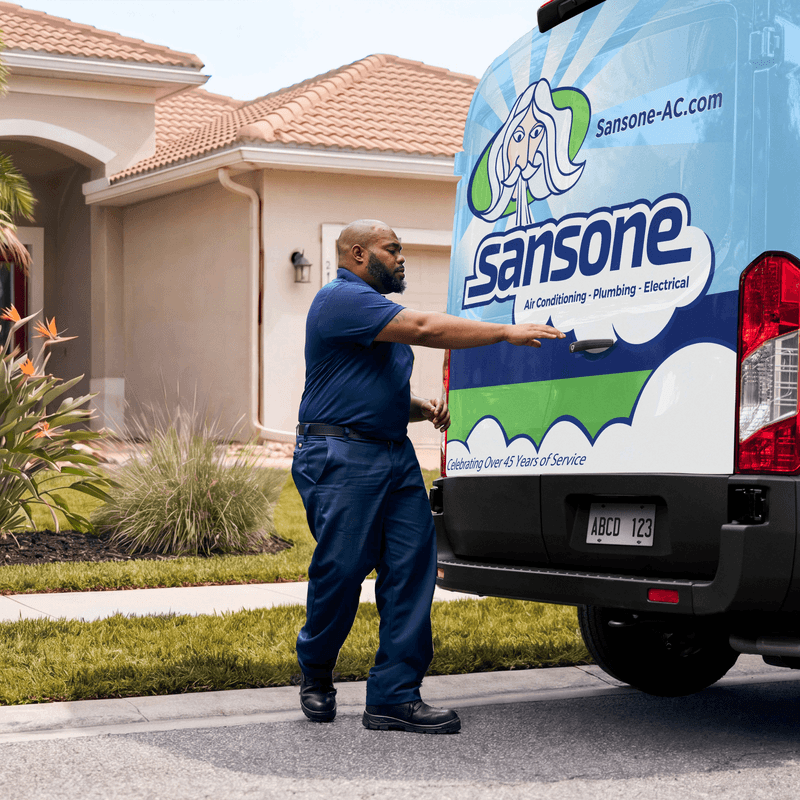 A Sansone technician arrives at a home ready to provide expert HVAC, plumbing, and electrical services.